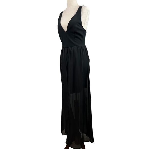Vintage 90s J for Justify Black Deep V Mini Dress with Sheet Maxi Skirt Layered - Picture 5 of 13